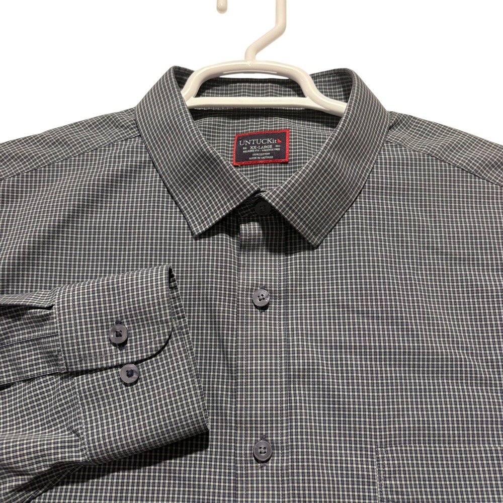 UNTUCKit Mens Alessio‎ XXL Relaxed Fit Wrinkle Free Navy Gingham Button Up Shirt